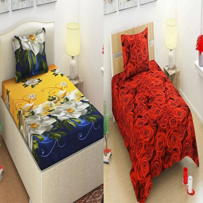 HSR Collection 144 TC Microfiber Single 3D Printed Flat Bedsheet(Pack of 2, Multicolor)