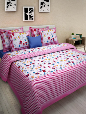 E ELMA Cotton Double Flat 144 TC Jaipuri Prints Bedsheet(Pack of 1, Pink)