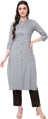 NYPA Women Printed Frontslit Kurta(Grey)