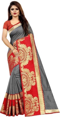 vajiba Temple Border, Woven, Applique Chanderi Cotton Silk Saree(Grey)