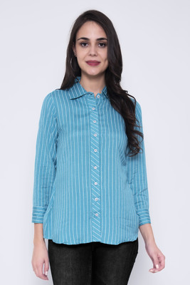 God Bless Women Striped Formal Blue Shirt
