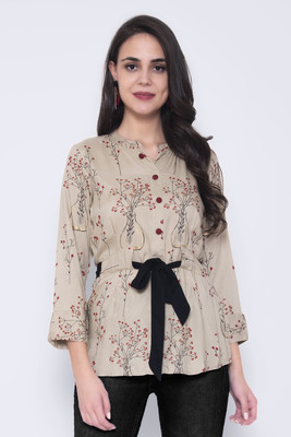 God Bless Casual 3/4 Sleeve Printed Women Beige Top