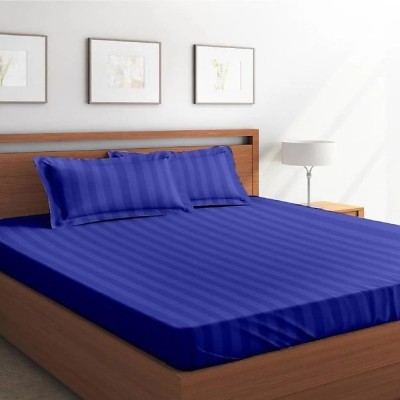 ceazer 240 TC Satin Double Striped Flat Bedsheet(Pack of 1, Blue)