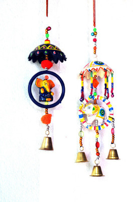 Raj Shai Craft palpal Car Rear View Jhumer Mirror Decor Decorative ELEPHANT&GANESHA combo set of 2 CAR Hanging for Home tempel paper mache (27cm,BLUE&WHITE) Car Hanging Ornament(Pack of 2)