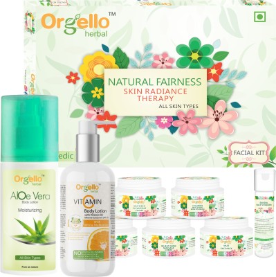 orgello Herbal Facial Kit combo - Herbal Facial Kit (5 x 50 g + 10 g Serum) for Glowing Skin + Vitamin C Body Lotion Moisturizer for Face & Body with Vitamin B3 and Mineral Sunscreen (1 x 300 ml) + Aloevera Body Lotion Moisturizer for Face & Body(1 x 200 ml) - for men women girls boys normal oily dr