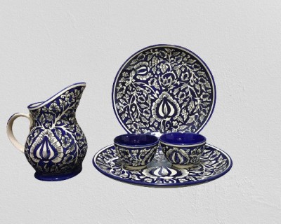 caffeine Pack of 5 Ceramic Handmade Blue Mughal Dinner Set Dinner Set(Blue, Microwave Safe)