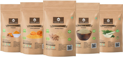 VEDICINE Pure and Natural Wild Kasturi Turmeric Orange peel Sandalwood Multani Mitti Neem Leaf Powder for Face Pack 75g each(375 g)