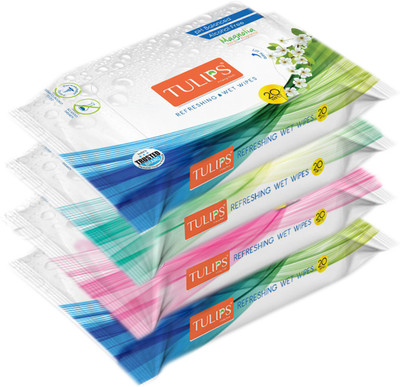 Tulips Refreshing Wet Wipes with 3 Different Fragrance - Pack of 4, 20 Wipes Each(80 Tissues)
