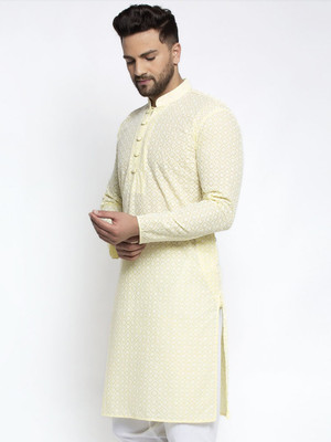 Jompers Men Embroidered Straight Kurta(Yellow)