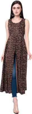NYPA Women Printed Frontslit Kurta(Brown)