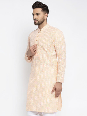 Jompers Men Embroidered Straight Kurta(Orange)