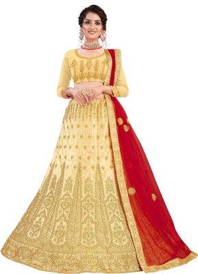 Shadow & Saining Embroidered Semi Stitched Lehenga Choli(Beige)