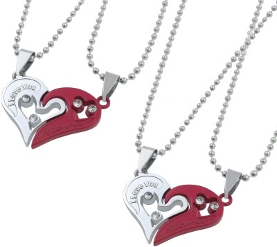 Stylewell (Set Of 2 Pcs) Valentine's Day Special Metal Stainless Steel I Love You Diamond Nug Broken Heart Romantic Love Couple Red And Silver 2 In 1 Beautiful Duo Locket Pendant Necklace With Chain For Boy's And Girl's Silver Metal Pendant Set