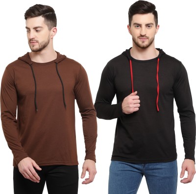 Adorbs Solid Men Hooded Neck Brown, Black T-Shirt