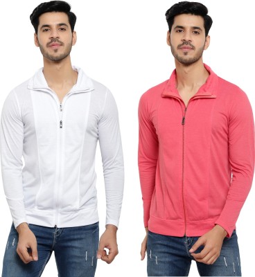 Bribzy Solid Men Polo Neck White, Pink T-Shirt