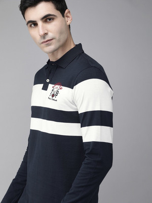 Roadster Striped Men Polo Neck White T-Shirt
