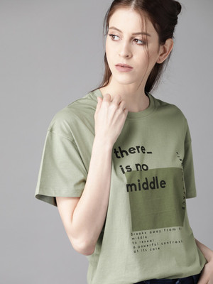 Roadster Typography Women Round Neck Green T-Shirt