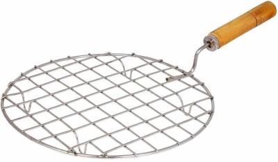 Rudrisha 8.5 Inch Round Barbeque Jali Roti Roast Grill Papad Roaster Chapati Toast Grill Wooden Handle Paneer Tandoor Net - Round Shape 1 kg Roaster(Silver)