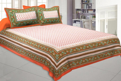 Go Texstylers 180 TC Cotton Double Jaipuri Prints Flat Bedsheet(Pack of 1, Orange)