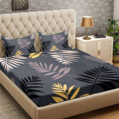 TIB 130 TC Polycotton Double Geometric Fitted (Elastic) Bedsheet(Pack of 1, Grey)
