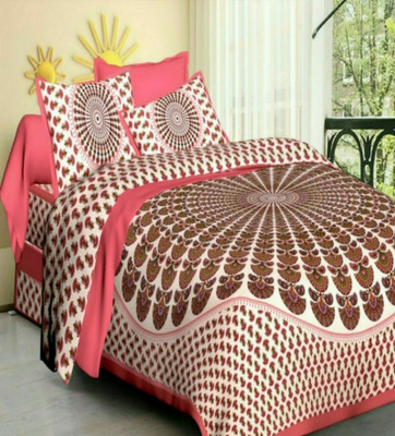 VIKANJALI FAB Cotton Double Flat 104 TC Printed Bedsheet(Pack of 1, Pink, White)