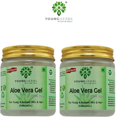 Young Herbs Organic Pure Natural Crystal Aloevera Gel for Face, Hair and Skin Care 200 Gram Each (Pack of 2)(400 ml)