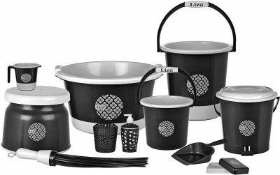 FIREFLY HUB Liza Plastic Bucket, Tub & Mug Bathroom Set 11 Heavy Duty, Large Capacity 10 L Plastic Bucket(Black, Grey)