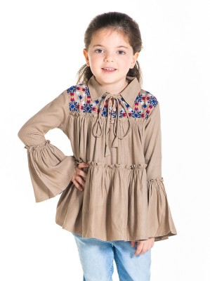 Cherry Crumble by Nitt Hyman Girls Casual Cotton Blend A-line Top(Beige, Pack of 1)