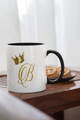BlueBells Gifting Letter B golden written black inner with handle color Ceramic Coffee Mug(325 ml)