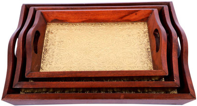 RAMRAJ Handmade Brown Brass Fitted Wooden Serving Tray Set of 3 Tray(3 Tray)