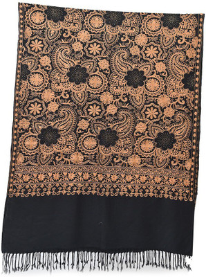 SUMEDH handcrafts Polyester Wool Blend Embroidered Women Shawl(Black)