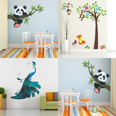 Walltech 49 cm Combo of 4 Wall Sticker Panda Hanging On A Branch-(150 X 70 Cms)|Panda Hanging On A Branch-(150 X 70 Cms)|Monkey Hanging On Tree-(120 X 120 Cms)|Modern Peacock-(90 X 75 Cms)-Matrial Vinyl Reusable Sticker(Pack of 4)