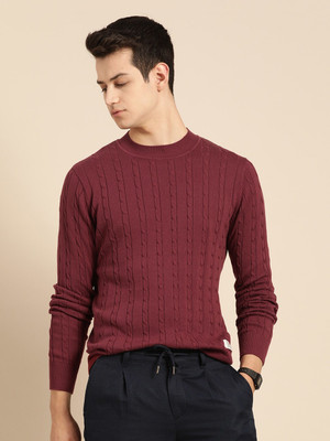 Mr Bowerbird Self Design Round Neck Casual Men Maroon Sweater