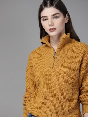 Roadster Self Design Casual Women Yellow Sweater