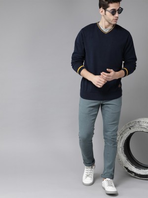 Roadster Solid V Neck Casual Men Blue Sweater