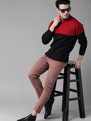 Roadster Self Design High Neck Casual Men Black, Red Sweater