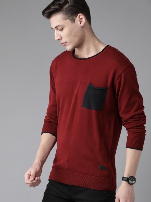 Roadster Solid Round Neck Casual Men Maroon Sweater