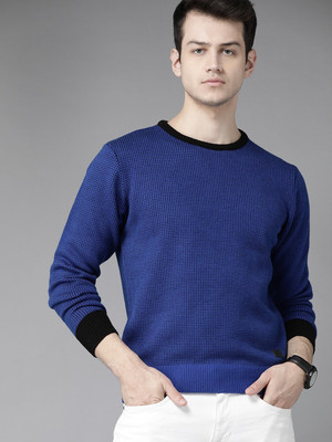 Roadster Self Design Round Neck Casual Men Blue Sweater