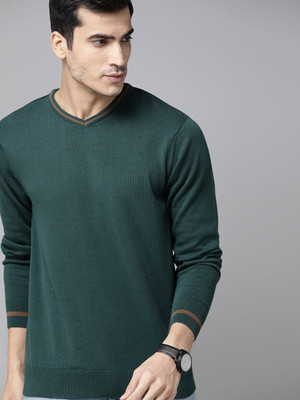 Roadster Solid V Neck Casual Men Green Sweater