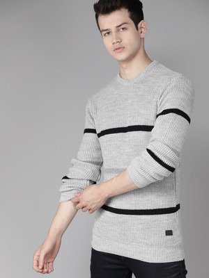 Roadster Woven Round Neck Casual Men Grey Sweater