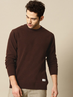 Mr Bowerbird Solid Round Neck Casual Men Brown Sweater