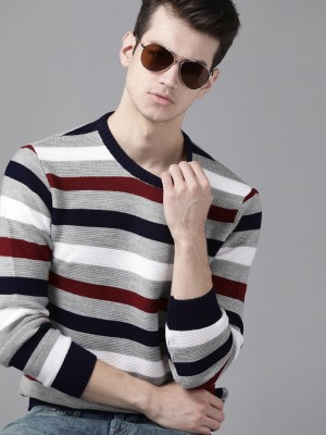 Roadster Striped Round Neck Casual Men Grey Sweater