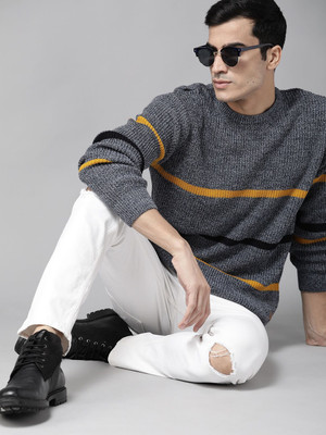 Roadster Striped Round Neck Casual Men Dark Blue Sweater
