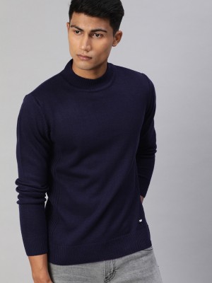 WROGN Solid High Neck Casual Men Blue Sweater