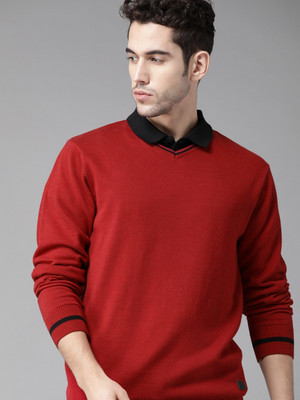 Roadster Solid V Neck Casual Men Red Sweater