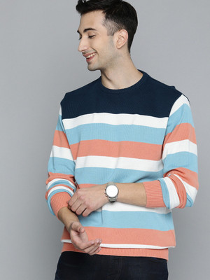 Mast & Harbour Striped Round Neck Casual Men Blue Sweater