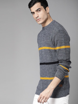 Roadster Striped Round Neck Casual Men Dark Blue Sweater