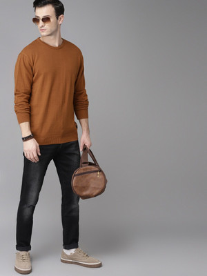 Roadster Solid Round Neck Casual Men Brown Sweater