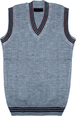Rajindras Solid, Self Design V Neck Casual Boys & Girls Grey Sweater