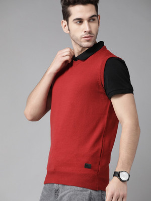 Roadster Solid V Neck Casual Men Red Sweater